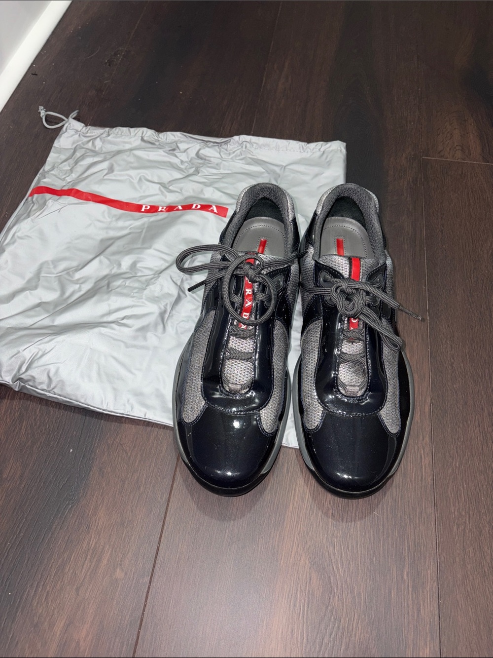 Prada Black and Gray Patent Leather Men’s Sneakers with Red Accent